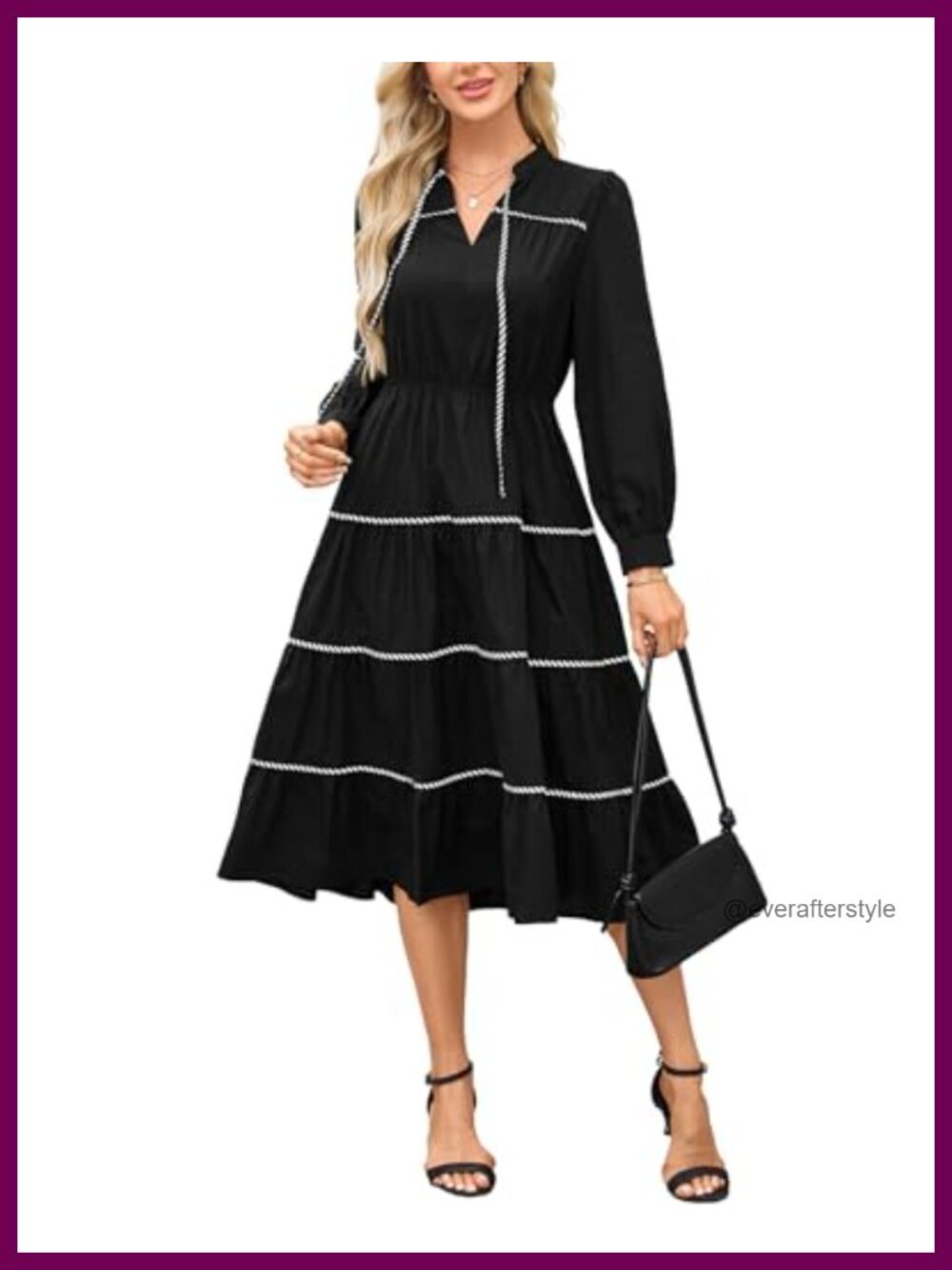 Women's Long Sleeve Tiered Midi Dress V Neck Elastic Waist Ruffle Pockets